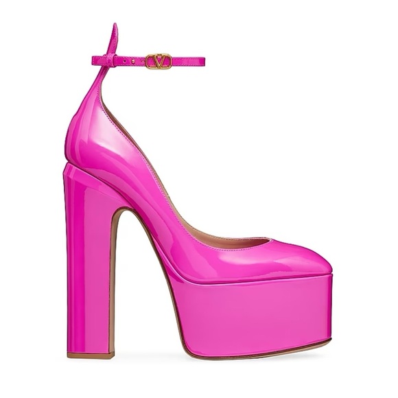 VALENTINO GARAVANI Tan-Go 155 Hot Pink Patent Platform Pumps 39 Logo New FLAW - Picture 1 of 14